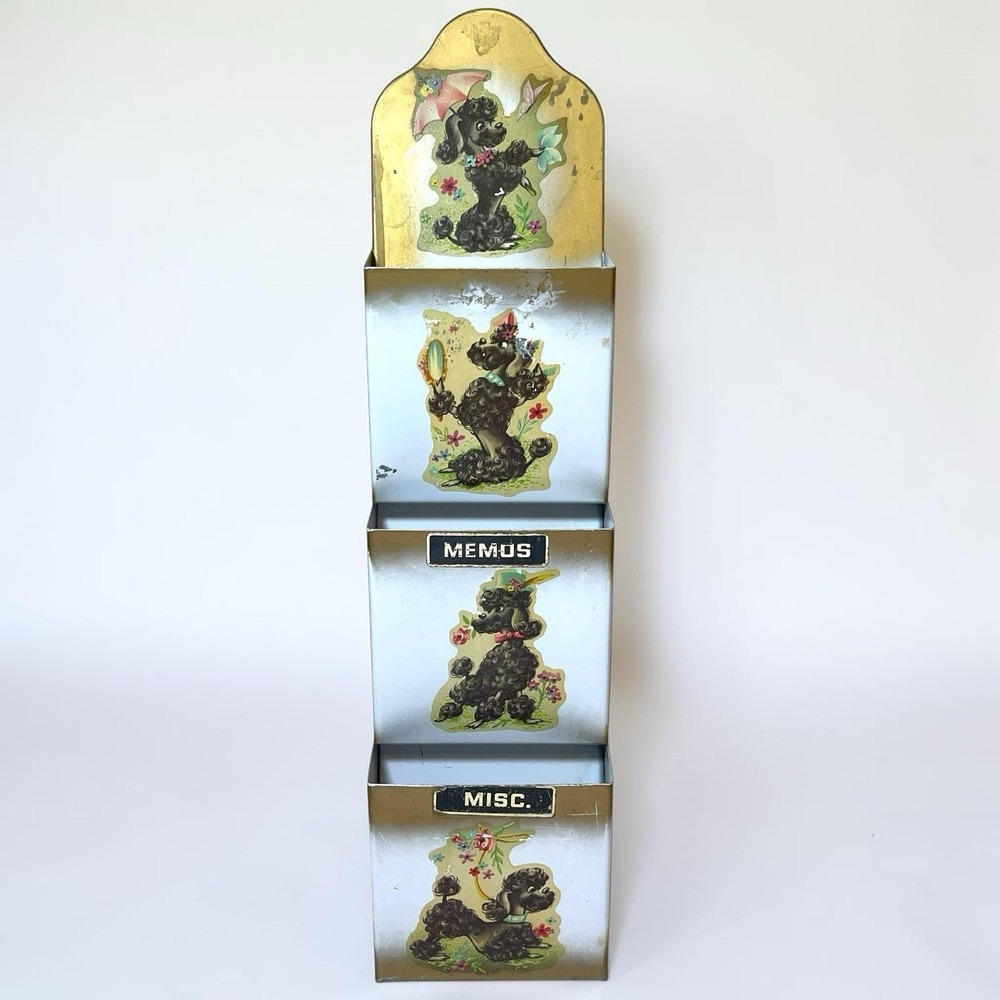 Kitsch Poodle Dog Metal Wall Mount Mail Organizer 3 Slot Memos Misc Retro Vintag